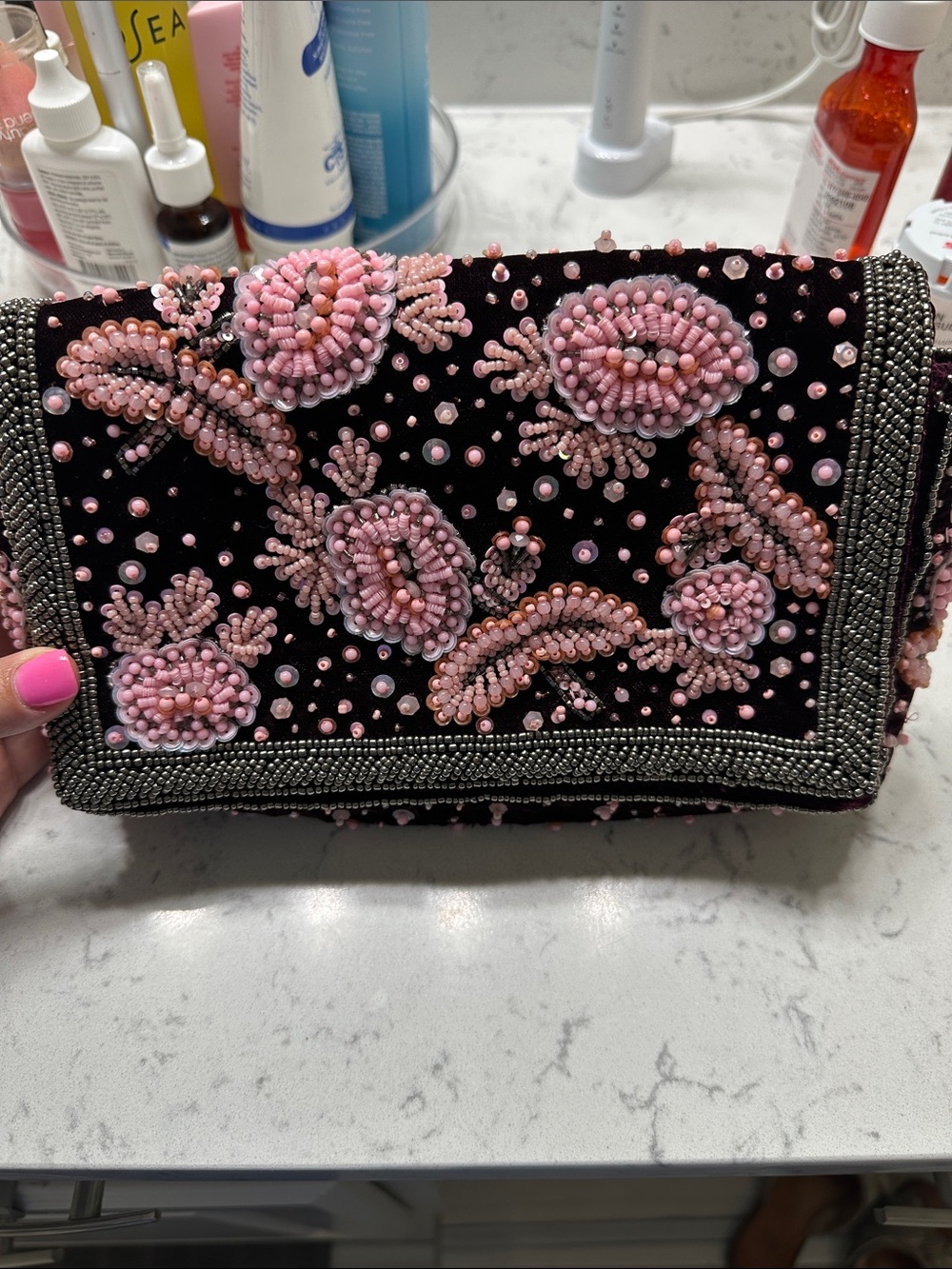 Anthropologie Black Clutch with Pink Beaded Floral Embroidery
